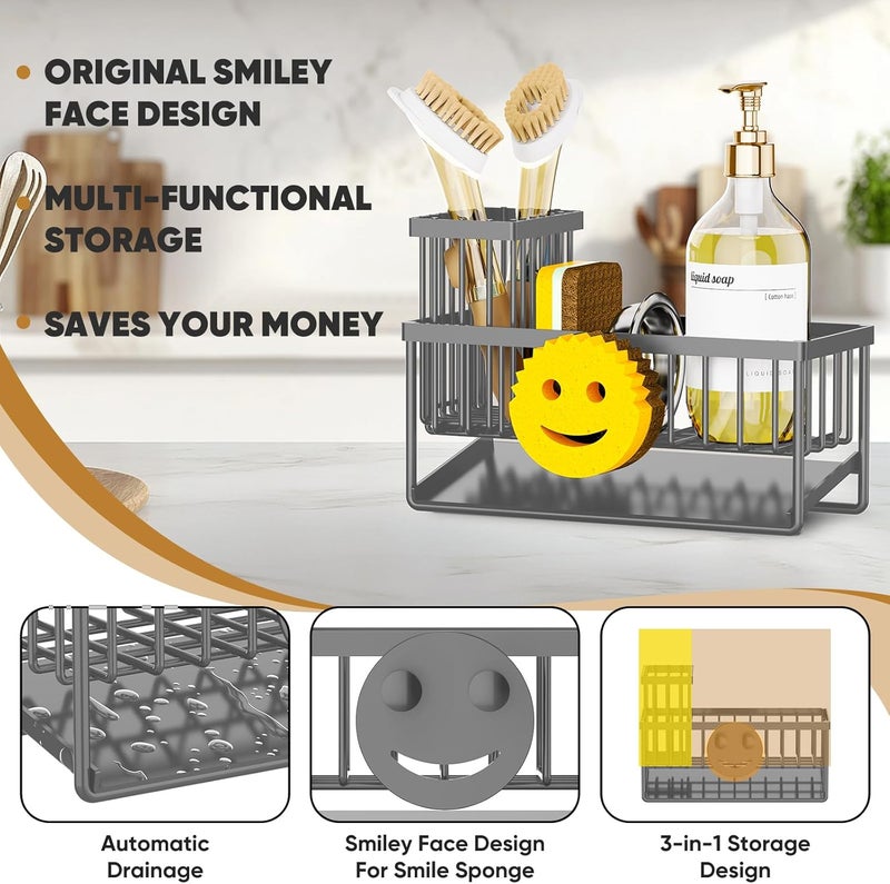 Taugast Sponge Holder for Kitchen Sink,Smiley Face Sink Caddy with Removable Brush Holder,Self-Draining Sponge Caddy for Soap,Dish Brush,Scrubber,Kitchen Essentials and Gadgets-Charcoal Gray - Image 3